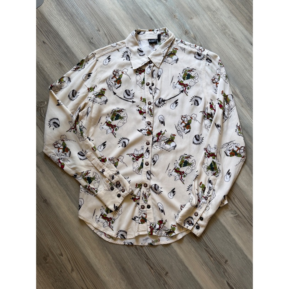 Cruel Denim Womens Western Snap Shirt Small Cream Cowboy Novelty Print Shirt
